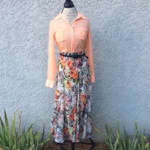 Guess orange sheer shirt + Lapis Floral Maxi Skirt